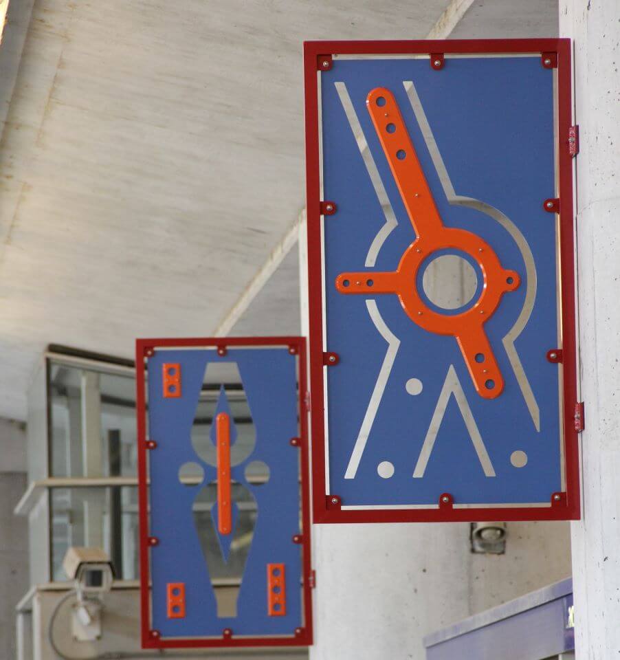 Build is a public art installation by artist Beliz Brother located at Laclede's Landing MetroLink Station. The series of colorful aluminum panels were inspired by details in the architectural drawings used to construct the Eads bridge.