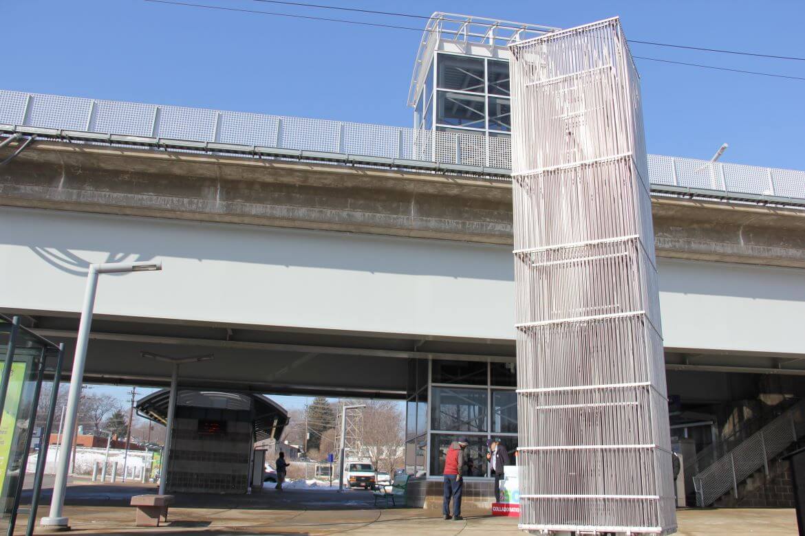 London is a public art sculpture by Ben Fehrmann located at the Shrewsbury-Lansdowne MetroLink station.